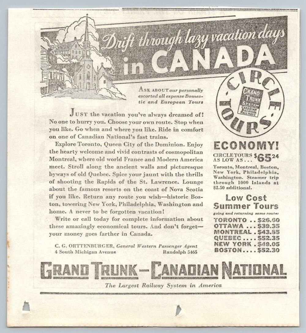 1933 Grand Trunk Canadian National Railway Canada Travel Print Ad Ephemera 1930s